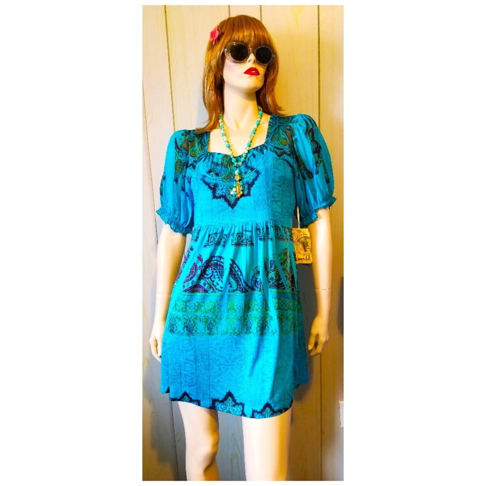 One World Live and Let Live Blue Boho Goddess Babydoll Peasant Minidress NWT